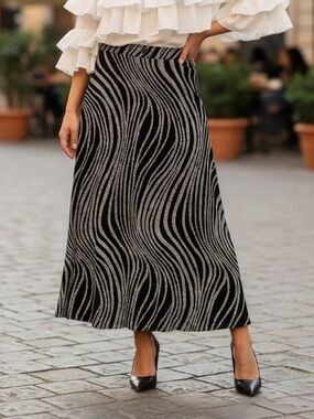 Vintage USA Y2K Tapemeasure Black with Wavy White Lines Stretchy Maxi Skirt